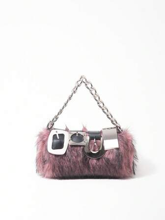 Grunge Punk 2000s Style Women  Handbags,Punk Rivet Biker Bags,Metal Chain Bag,Fur Purse ,Autumn & Winter Wallets(Random Pattern)