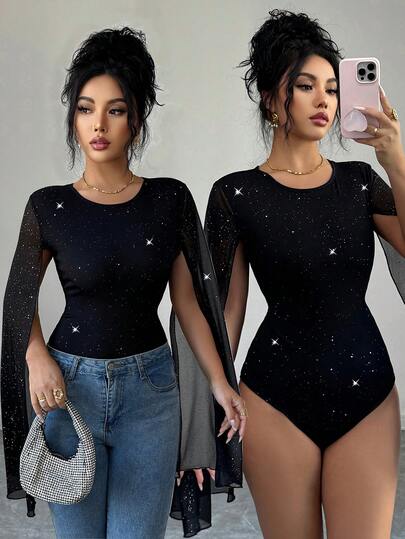  Body de mujer Elenzga con estampado de lentejuelas, cuello alto glamoroso y mangas farol con lentejuelas