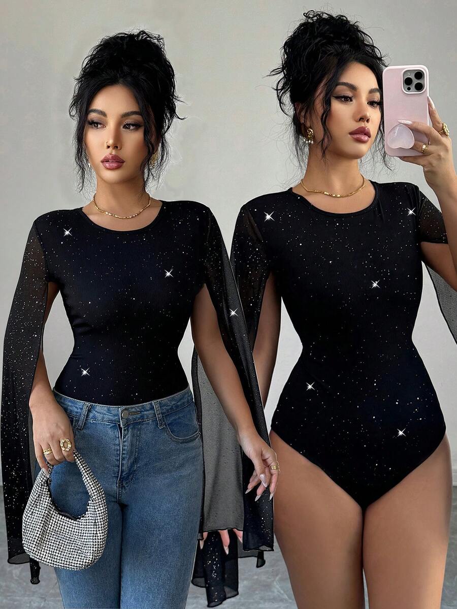 SHEIN Elenzya Elenzga Women's Sequin Print Glamorous Stand Collar Lantern Sleeve Sequin Bodysuit - Black - View 1