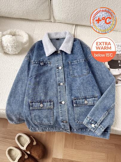 Attitoon 女士长袖单排扣休闲多口袋宽松牛仔外套，女士冬季外套，女士冬季休闲外套，女士休闲牛仔外套，带保暖仿羊羔绒领，浅色水洗，纽扣长袖超大款牛仔外套，冬季必备
