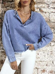 EMERY ROSE Women's V-Neck Drop Shoulder Long Sleeve Frayed Hem Casual Denim Blouse - Blue - View 2