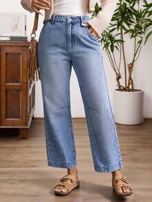 EMERY ROSE Women's Solid Color High Waist Casual Versatile Straight Leg Jeans - Medium Wash - View 1