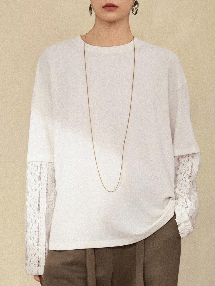 Women's Loose Casual Lace Patchwork White Long Sleeve T-Shirt, Versatile For Winter And Summer