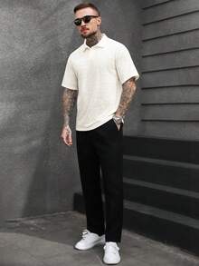 Manfinity CasualCool Áo Polo nam tay ngắn màu trơn, chất liệu có họa tiết, kiểu dáng lịch sự, dành cho nam giới trưởng thành. Áo Polo nam, áo kiểu thường ngày màu kem. - Màu be - Xem 4