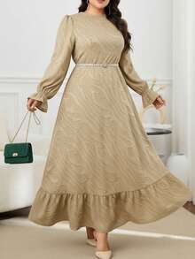 Modelyn Váy maxi Ả Rập dài tay thanh lịch viền bèo nhún màu trơn cỡ lớn dành cho nữ - Màu Khaki - Xem 3