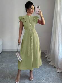 New Solid Color Lapel Ruffle Sleeve Cinched Waist Women Shirt Dress - Pastel Green - View 6