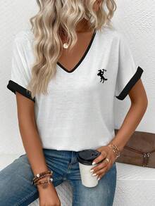 EMERY ROSE New Arrival Spring/Summer Bestselling Contrast Color Logo Print V-Neck Short Sleeve Women T-Shirt - White - View 6