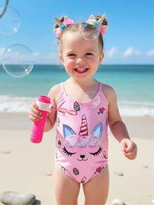 1件可爱独角兽冰淇淋印花弹力速干舒适针织面料婴儿/女婴泳衣，适合海滩、泳池、冲浪、度假、夏季旅行 - 粉色 - 查看 3
