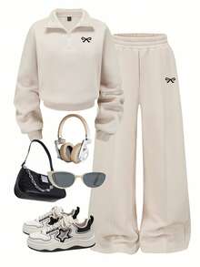 SHEIN 两件套女士休闲时尚创意个性清新优雅简约蝴蝶结印花立领半拉链卫衣和直筒裤，舒适秋冬套装