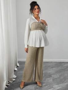 SHEIN 2pcs Maternity Set: Patchwork Collar Fitted Top And Ribbed Wide Leg Pants - Multicolor - View 3
