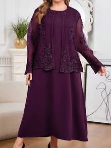 Modelyn Plus Size Elegant Party Solid Color Embroidered Mesh Jacket & Dress 2-Piece Set Fall - Purple - View 5