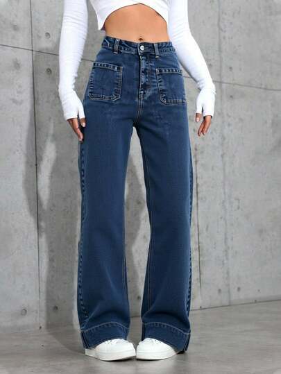 Pantalones Vaqueros Anchos de Mujer de Cintura Alta con Bolsillos Vintage, Estilosos y Versátiles