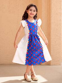 Girls,Young Girl Blue Background Red Flower Contrast Color Dress,White,Summer,Fairy,Family Matching Colorful Pom Pom Decor,Cap Sleeve Design,Party - Multicolor - View 7