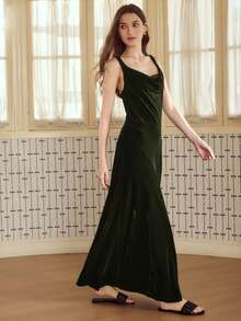 MOTF PREMIUM VELVET ELEGANT COWL NECK SLIP SLEEP DRESS, AUTUMN/WINTER - Army Green - View 4