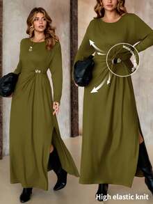 Roveilla 大码女式法式休闲优雅长袖连衣裙，秋冬款 - 橄欖綠 - 查看 9