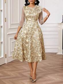 SHEIN Lady 春夏优雅派对婚礼鸡尾酒会音乐会/音乐节蓝色提花圆领喇叭形3D玫瑰修身连衣裙中长七分袖连衣裙优雅女士连衣裙高贵套装优雅礼服婚礼 - 杏色 - 查看 5