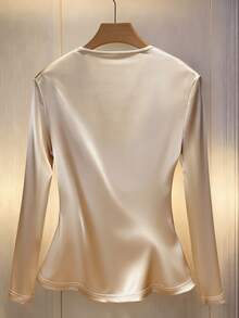 Franclia 时尚简约V领长袖荷叶边修身办公室衬衫