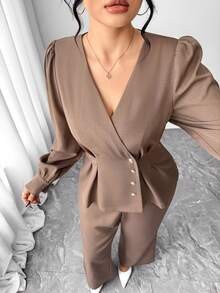 Elenzga Women's Elegant Puff Sleeve Single-Breasted Ruffle Blouse And Flare Pants Graceful 2 Pieces Set - Brown - View 6