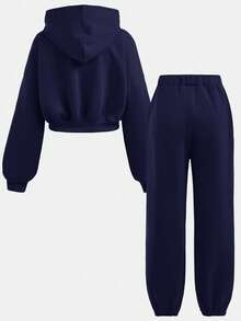 SHEIN Set de 2 piezas de sudadera y pantalón de chándal con estampado de letras de manga larga y cuello redondo para adolescentes - Azul Marino - Ver 3