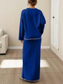 EURMUSE Women Stitch Detailed Round Neck Drop Shoulder Pullover & Sweater Skirt Set - Royal Blue - View 2