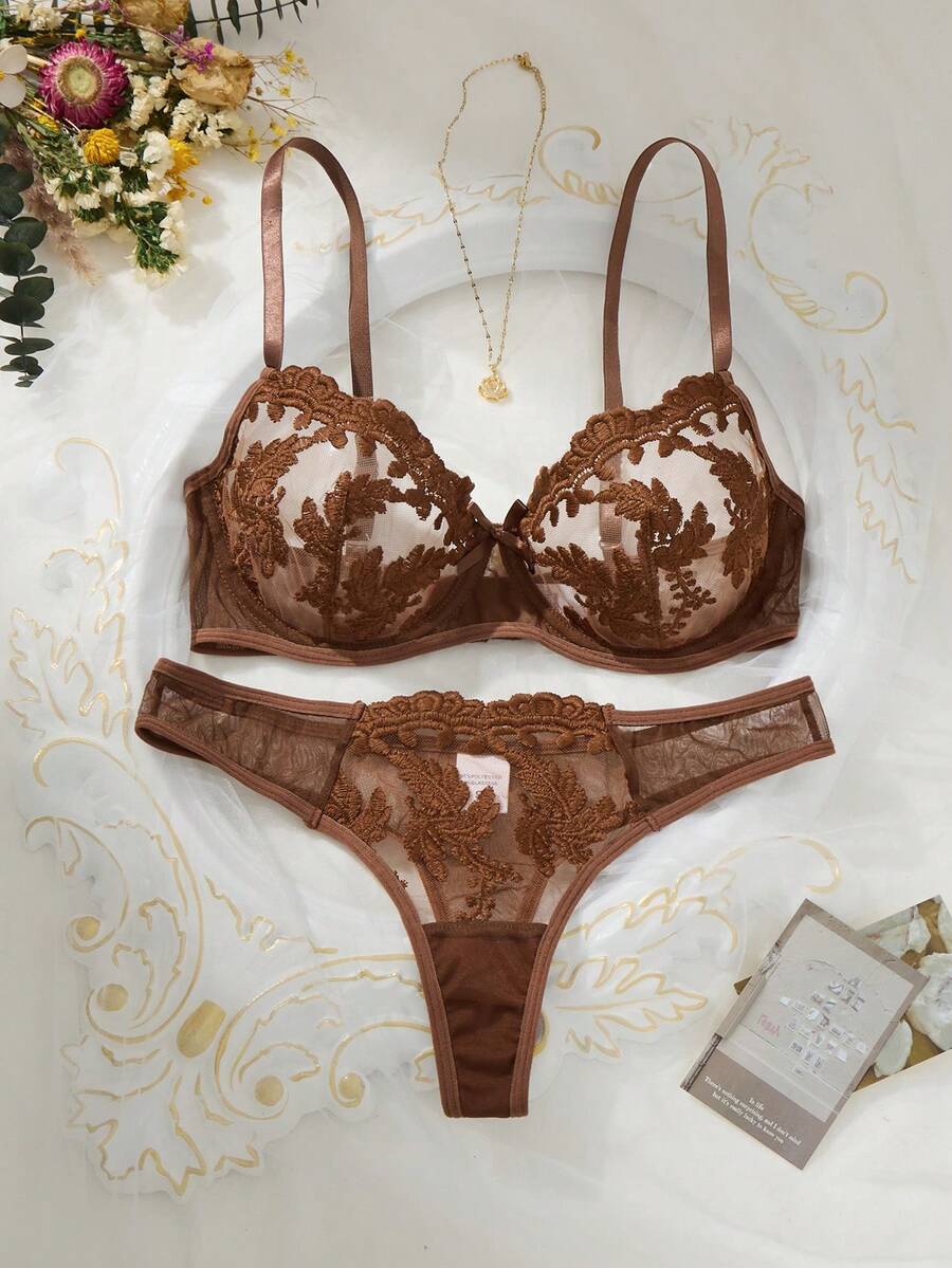 Esselle 2pcs Women Sexy Camisole Bra And Panty Lingerie Set - Coffee Brown - View 1