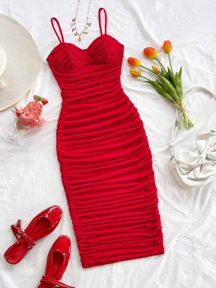 SHEIN WYWH Vestido mini elegante y sexy de malla fruncida con tirantes de espagueti, se puede usar interna o externamente, vestido largo rojo, adecuado para el Día de San Valentín, citas, estilo bohemio, vacaciones, ropa de mujer de otoño, vintage, días festivos - Rojo - Añade 3