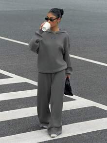 Muchica 女士秋冬新款保暖内衬休闲宽松连帽衫和运动裤两件套，深灰色 - 深灰色 - 查看 4