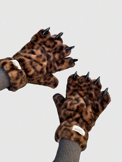 Goth 1 Pair Y2K Retro Furry Leopard Print Claw Gloves, Fashionable & Minimalist, Suitable For Performance, Party, Gathering, Autumn/Winter