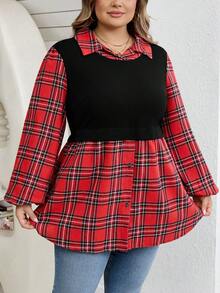SHEIN CURVE+ Große Größen Stehkragen Karomuster Langarm Laterne Ärmel Strick Kontrastnaht Lässige Loose Bluse Hemden, Büromode Damen, Zwei Teile in einem mit Knopfverzierung/Herbst/Winter - Rot und Schwarz - Übersicht 5