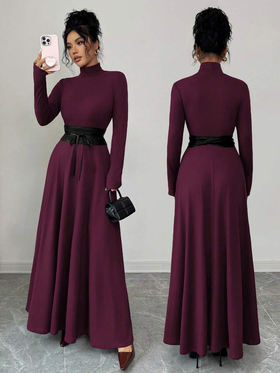 SHEIN Elenzya 女士奢华纯色长款针织连衣裙，半高领设计，修身剪裁，腰带装饰，凸显身材，复古优雅，适合日常、约会、晚宴、情侣装，秋冬内搭，春季外穿。 - 中紫紅色 - 查看 1