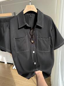 SHEIN EZwear 大碼頂針落肩袖襯衫&短褲