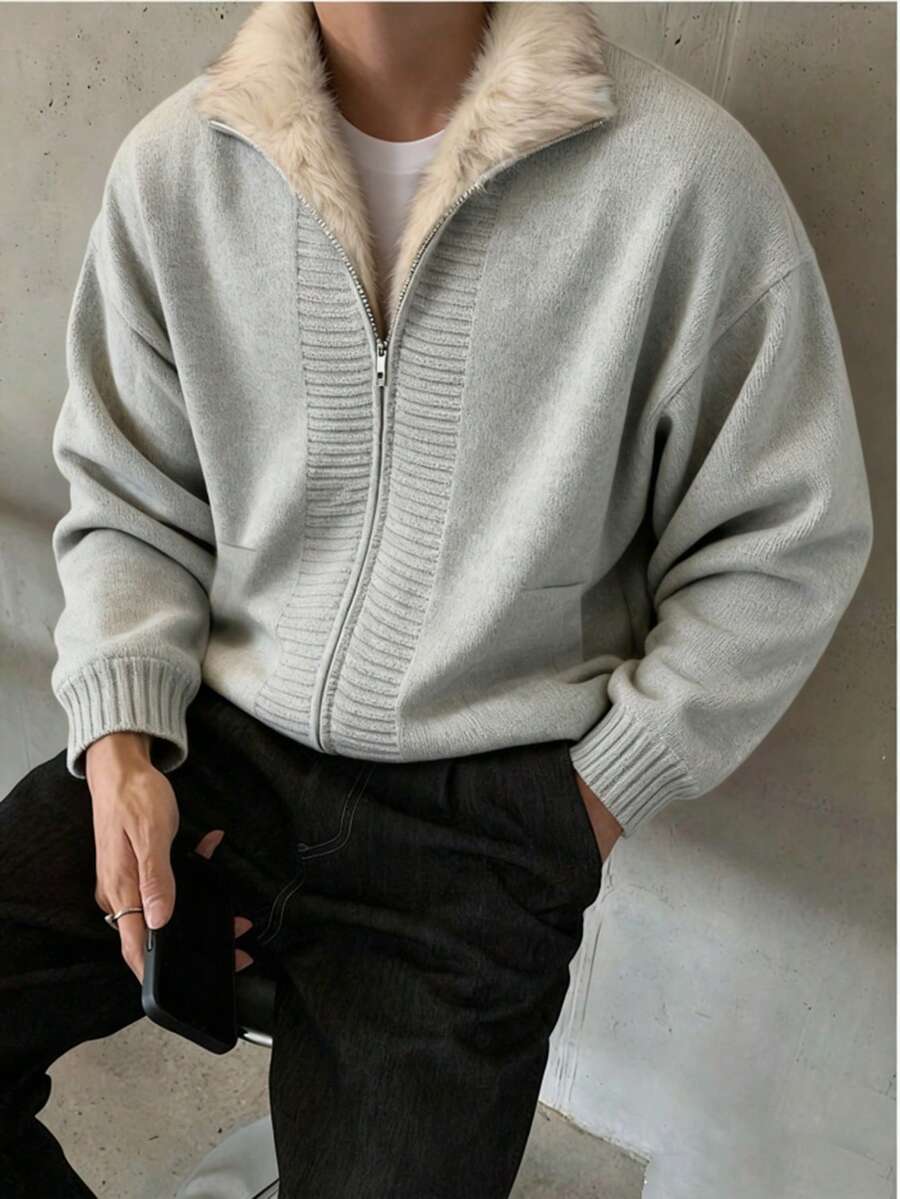 Manfinity Homme 男士纯色长袖拉链休闲抓绒开衫，秋冬季 - 灰色 - 查看 1