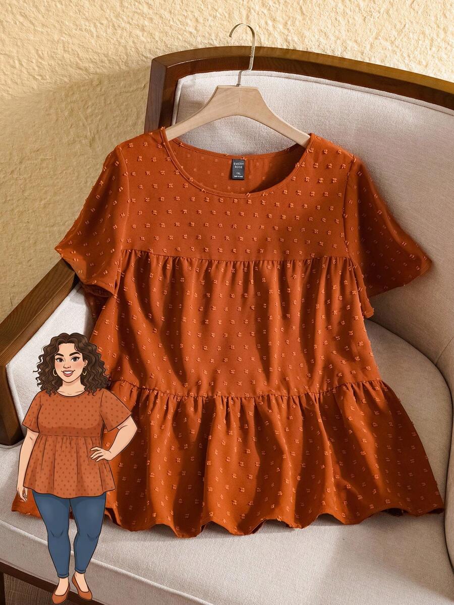 Rusticease Áo cánh rộng tay ngắn cổ tròn bèo nhún màu trơn cỡ lớn cho nữ, phong cách Boho cho nữ/mùa hè, trang phục phương Tây cho nữ, phụ nữ đi nghỉ - Rỉ Nâu - Xem 1