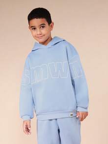 Conjunto de sudadera con capucha y pantalones de chándal SUMWON Boys Signature Slogan sin cordón, con bolsillo central, cintura elástica, para uso casual y diario, ideal para vacaciones - Azul - Ver 3