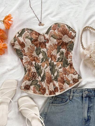 Soleia 复古宫廷风彩色花卉提花印花抹胸上衣，后背纽扣系带设计，适合度假穿着