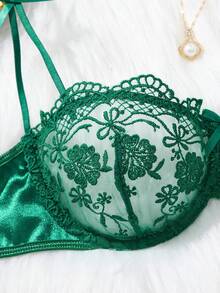 SHEIN 2pcs Women's Burgundy Romantic Embroidery Lace-Up Thong Lingerie Set - Green - View 5