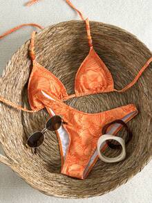 Swim Mod 女士26SS春夏沙滩套装，两件式比基尼，适合海滩、度假、下午茶、野餐，清新甜美，可爱海洋元素贝壳印花，精致波西米亚琥珀色亚克力珠饰，柑橘橙色，甜美可爱，优雅女士，适合夏季海滩、度假、日常穿着 - 橘色 - 查看 9