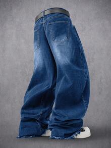 Manfinity Denimwave Men's Vintage American Personalized Frayed Hem High Street Embroidered Washed Loose Barrel Leg Jeans, Versatile For Everyday Wear - Dark Wash - View 2