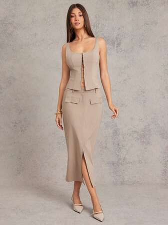 L'Amorae 女士细条纹铅笔裙商务休闲办公室装