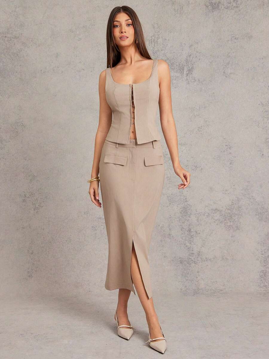 L'Amorae 女士细条纹铅笔裙商务休闲办公室装 - 彩色 - 查看 1