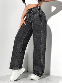 SHEIN PETITE Quần jeans ống đứng giặt thường ngày dành cho nữ - Màu xám đen - Xem 6