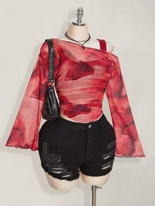 SHEIN ICON 大码女式扎染图案二合一上衣 - 酒紅色 - 查看 4