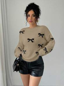 Selianne Neue Pullover mit Kunstfell-Kragen und Schleife, modisches Design Langarm-Pullover für Frauen - Kamelfarben - Übersicht 3