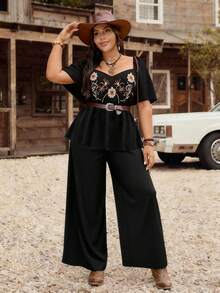 LanaWest CURVE Plus Size Women's Western Country Style Solid Color Embroidered Ruffled Waist Short Sleeve Music Festival Spring/Summer Two-Piece Set - Black - View 3