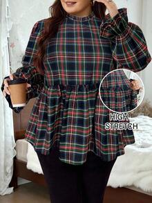 SHEIN CURVE+ 2025年新款红色格子印花女式梭织衬衫，适合秋冬季节，尺码齐全，圣诞节必备 - 綠色 - 查看 1