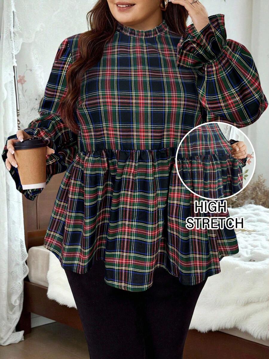SHEIN CURVE+ 2025年新款红色格子印花女式梭织衬衫，适合秋冬季节，尺码齐全，圣诞节必备 - 綠色 - 查看 1