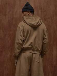 Musero Oversized Premium Boxy Double Pocket Jersey Double Zip Through Hooded Jacket Fall/SPRING SUMMER - Brown - View 2