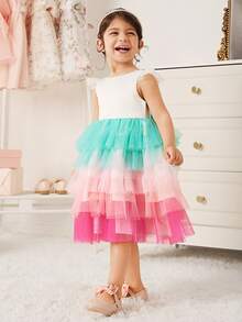 SHEIN Glamorique Kids 女童公主裙，生日派对、婚礼、节日舞会礼服，独角兽服装，彩色薄纱蛋糕裙，后背蝴蝶结，可爱俏皮的日常穿着连衣裙，适合舞台表演，中东、欧洲和美国 - 白色 - 查看 4