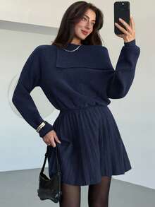 Aloruh Vestido de lana rojo vino de otoño para mujer con pliegues en la cintura, vestido de punto ajustado de línea A, vestido de suéter de manga larga con un hombro, vestido de hombro oblicuo para mujer en invierno - Azul Marino - Ver 7