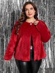 SHEIN Clasi معطف أنيق ذو صدر واحد مزين بفرو اصطناعي مقاس كبير، كاجوال للخريف - الأحمر - مشاهدة 3